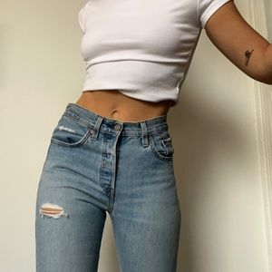 Distressed Washed Blue Levi’s 501s, Size 2/XS